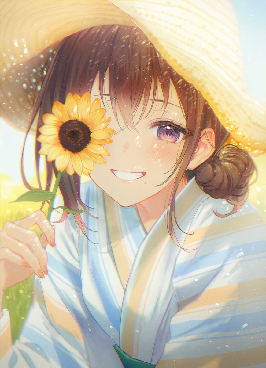 1girl flower hat solo smile brown hair japanese clothes  illustration images