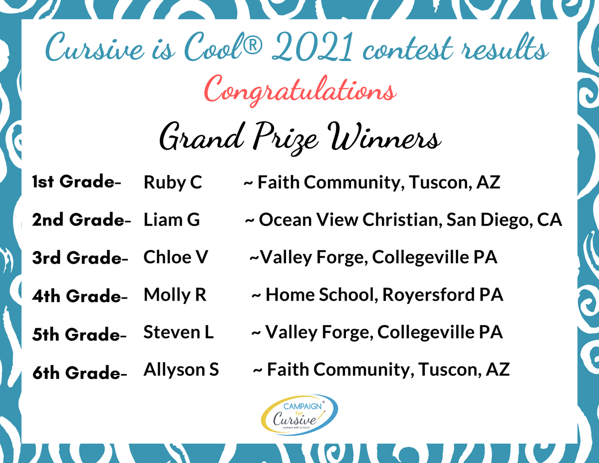 THE GRAND PRIZE WINNERS for our 2021 USA Cursive is Cool contest are below, congratulations for all your hard work in creating the grand-prize-winning entries!😊👏👏👏 #cursiveiscool #cursivecontest