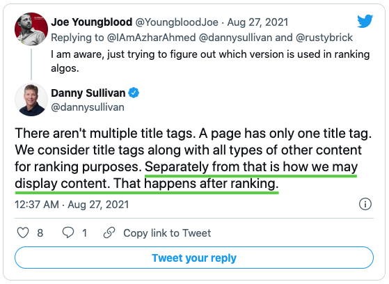 getclicksltd's tweet photo. ✍️ #SEO - @JohnMu and @dannysullivan both confirmed that the rewriting of Title tags, most likely by H1 tags, does not affect rankings.

"This is purely a display change" John Mueller reports. https://t.co/VcI8JO9EAL