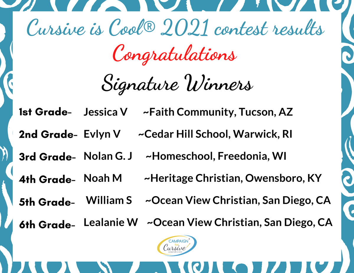 SIGNATURE WINNERS for our USA Cursive is Cool contest, these students had something interesting to say about their signature or about writing a signature in general. #cursiveiscool #signatures #cursivecontest