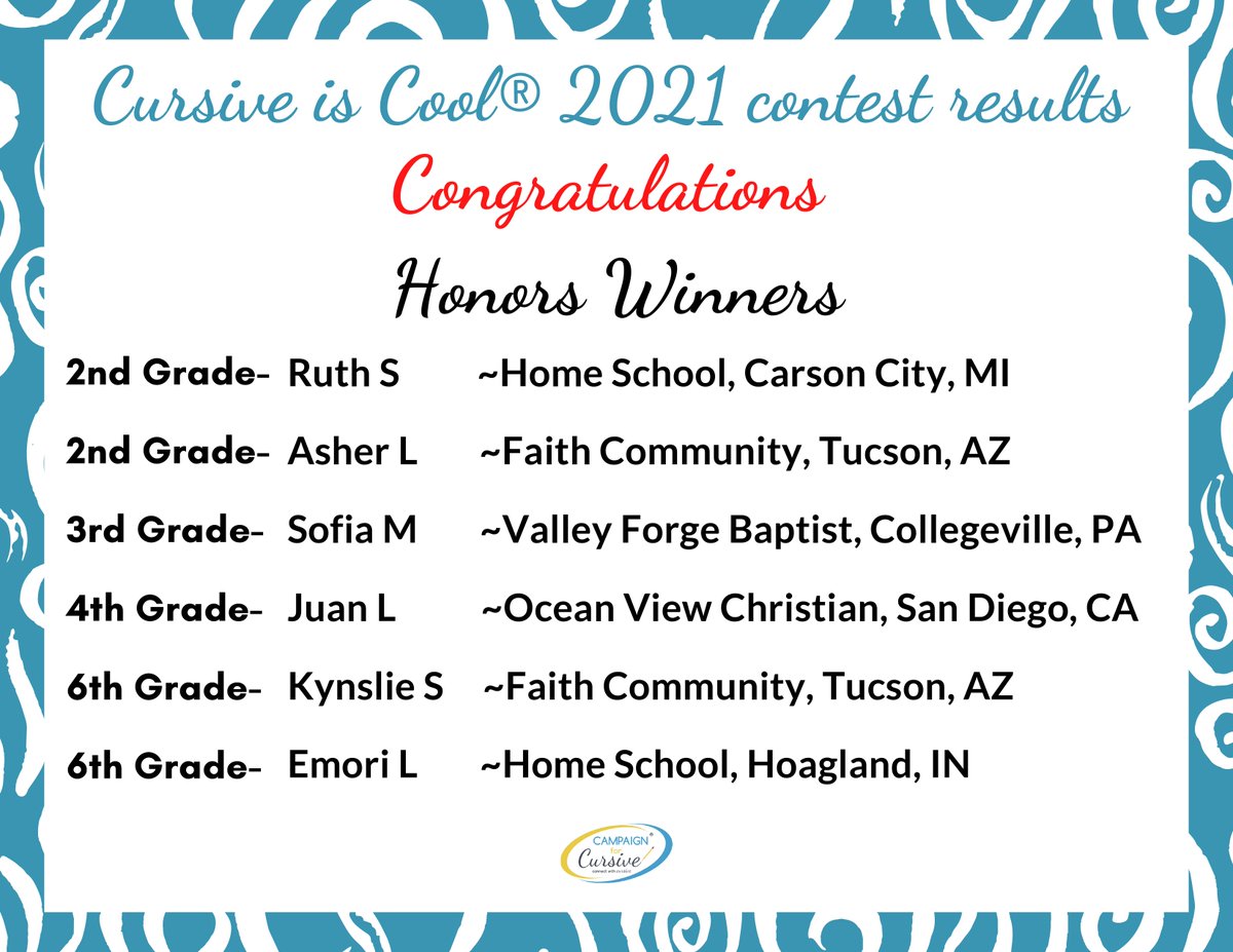 HONORS WINNERS in our USA Cursive is Cool contest didn't fit our other categories but the judges felt something was special about their entries. #cursiveiscool #cursivecontest #handwritingmatters