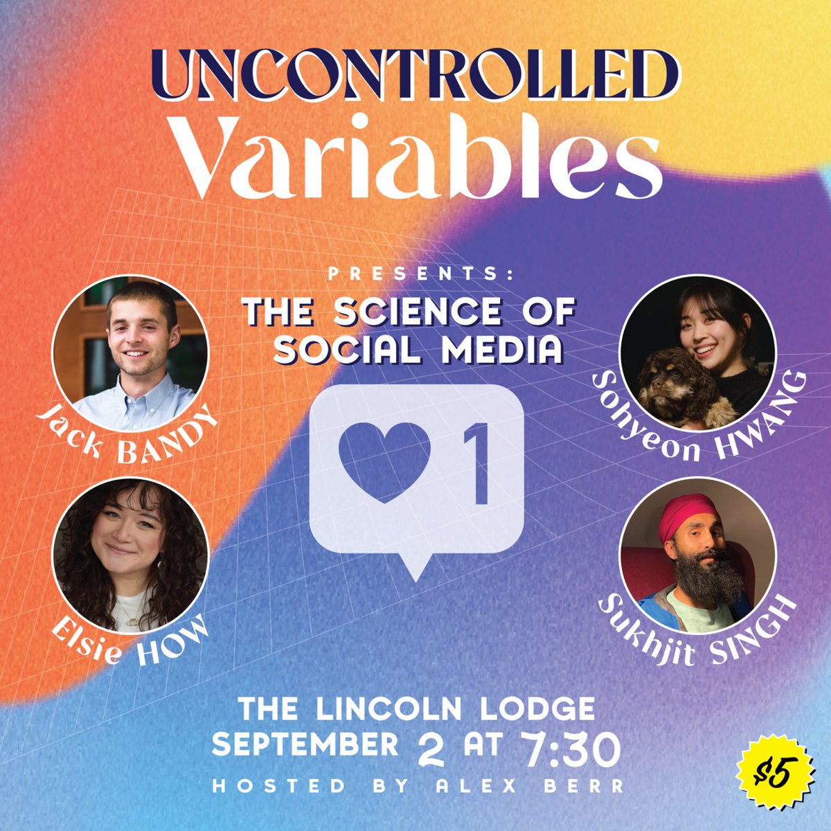 This Thursday! Comedians Elsie How and Sukhjit Singh will be doing their best to present scientific data prepared by scientists Jack Bandy and Sohyeon Hwang. After their attempts, we'll hear from the scientists firsthand about their research on social media! Link to tix in bio.
