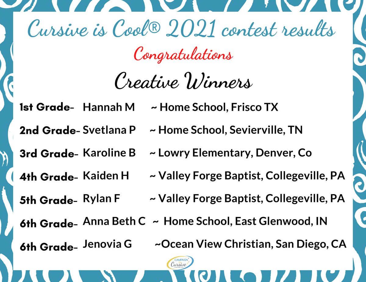 We are happy to announce our USA Cursive is Cool contest winners! #cursiveiscool #cursivecontest
These are our CREATIVE WINNERS, students who had something creative to say about cursive handwriting: