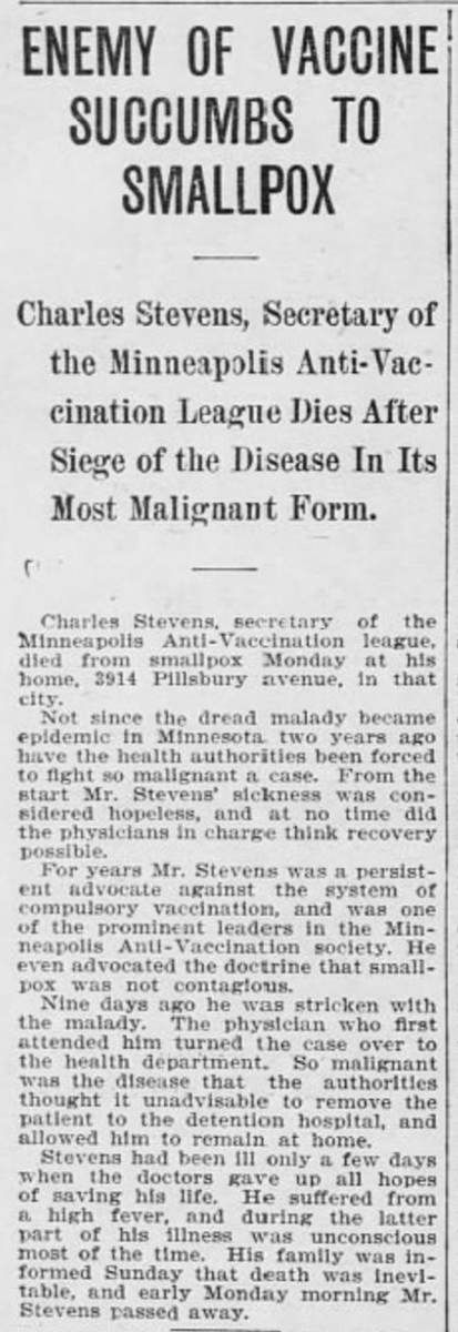 HermanCainAward's tweet photo. It was the year 1903 and smallpox anti-vaxxer Charles Stevens tragically died in a car crash. Just kidding. He died from smallpox.

"Those who cannot remember the past are condemned to repeat it." -George Santayana https://t.co/PA4RrRpWol