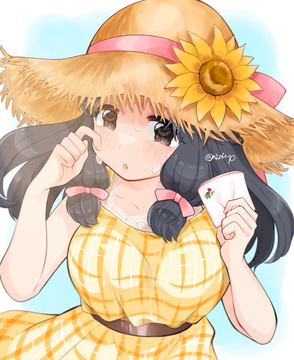 1girl solo hat dress flower black hair sunflower  illustration images