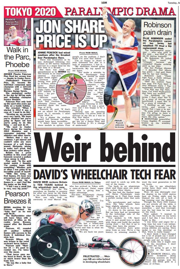 Tokyo #Paralympics 
+ David Weir reckons GB is TEN YEARS behind in the wheelchair tech race.
+ Jonnie Peacock had mixed emotions after the Greatest Ever Paralympics Race.
+ Ellie Robinson ends her Paralympics career on her terms but admits: I'll need a hip replacement soon. https://t.co/jwBOhr0N5t