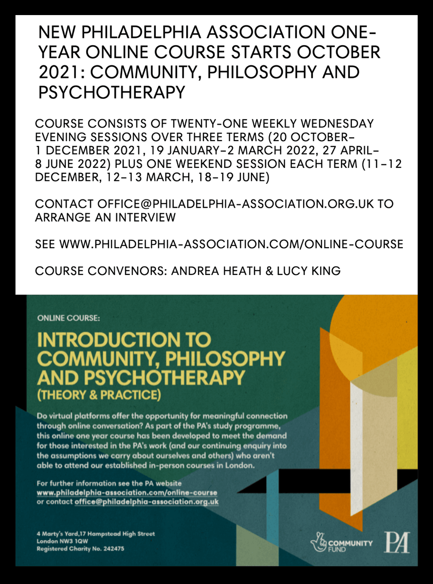 PAtherapy's tweet photo. Currently we still have places on our new course.

ONLINE COURSE: INTRODUCTION TO COMMUNITY, PHILOSOPHY AND PSYCHOTHERAPY 
(Theory &amp; Practice)

For further information please click on the link below:

https://t.co/spXynzeB3d https://t.co/Scm2tdfhJ9