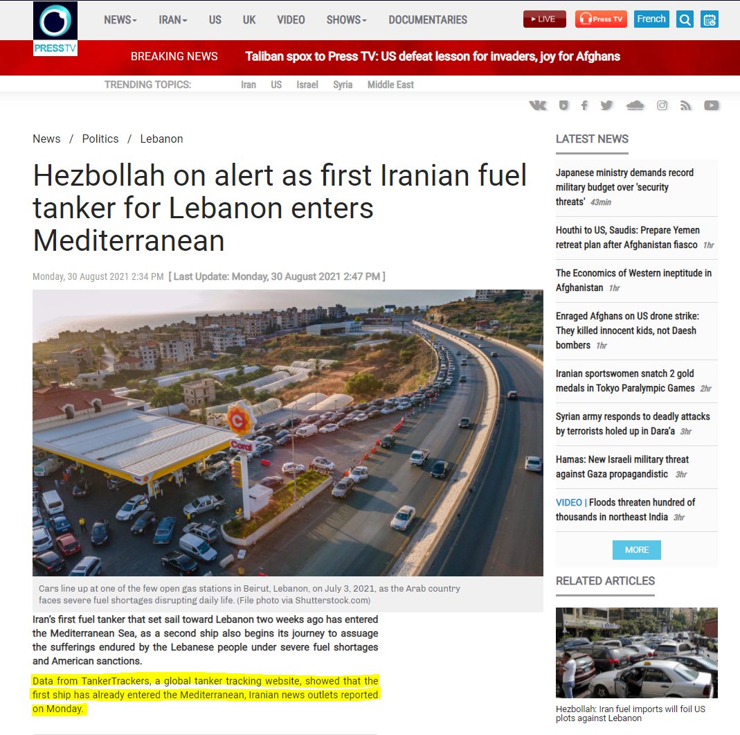 Hey <a href="/PressTV/">Press TV 🔻</a>

We never said that the tankers are in the Med Sea. We clearly said that the first one departed Iran while the other two still haven't. These vessels move by sea, not by air. Thanks.