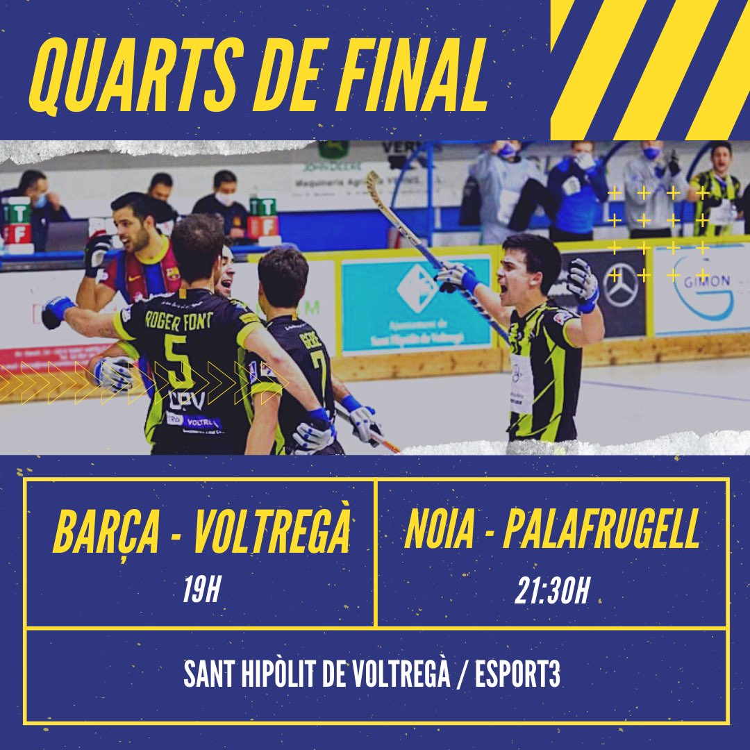 🔥QUARTS DE FINAL🔥

📆Comencem la fase final de la Lliga Catalana <a href="/frit_ravich/">FRIT RAVICH</a>.

🏑19h <a href="/FCBhoquei/">Barça Hoquei</a> - <a href="/cpvoltrega/">Club Patí Voltregà-Movento Stern</a> Stern motor

🏑21:30h <a href="/cenoia/">CE Noia Freixenet</a> Freixenet - Corredor Mató <a href="/chpalafrugell/">Club Hoquei Palafrugell</a> 

🔝Viu tota l’emoció de la final a vuit a Sant Hipòlit de Voltregà.

🖥En directe per <a href="/esport3/">Esport3</a>