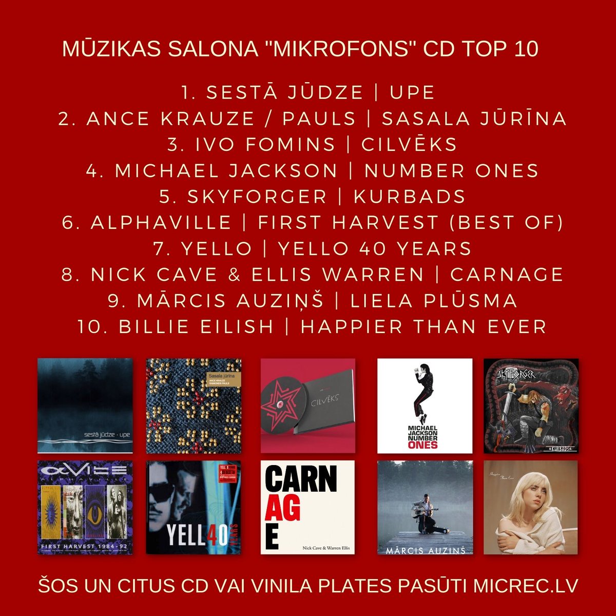 Jaunākais mūzikas salona <a href="/Mikrofons1/">Mikrofons</a>  CD Top 10. Salons atrodas <a href="/TKSpice/">TK Spice</a> 2. stāvā un tur pieejams arī liels vinila skaņuplašu klāsts. P.s. Visi ieraksti pasūtāmi micrec.lv <a href="/ivofomins/">Ivo Fomins🇱🇻🇺🇦</a>  <a href="/SestaJudze/">Sestā Jūdze</a> <a href="/MarcisAuzins/">MarcisAuzins</a> <a href="/MaestroPauls/">Raimonds Pauls</a> <a href="/skyforger/">Skyforger Official</a>