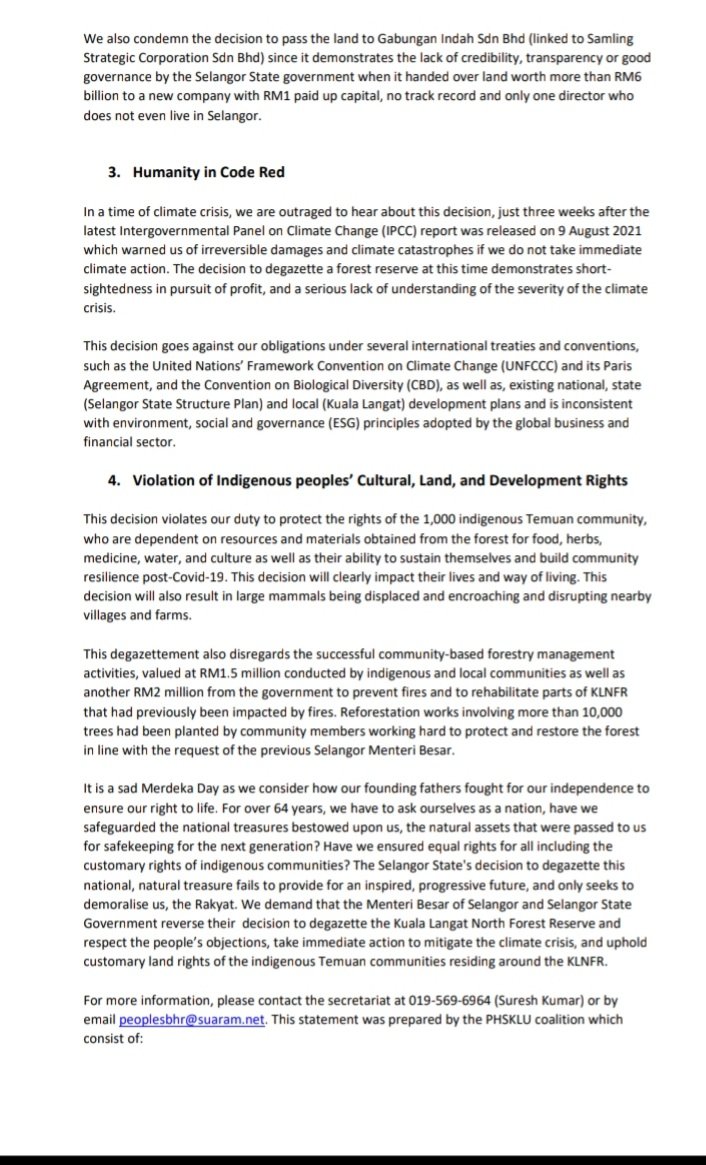 KlimaAction's tweet photo. The statement underlines 4 points :
1. Failure to uphold people's mandate in Selangor.
2. Lack of transparency & accountability over decision
3. Humanity in Code Red
4. Violation of Indigenous People's Cultural, Land and Development Rights
#HutanPergiMana
#HSKLU https://t.co/8Zt0hLdZTK