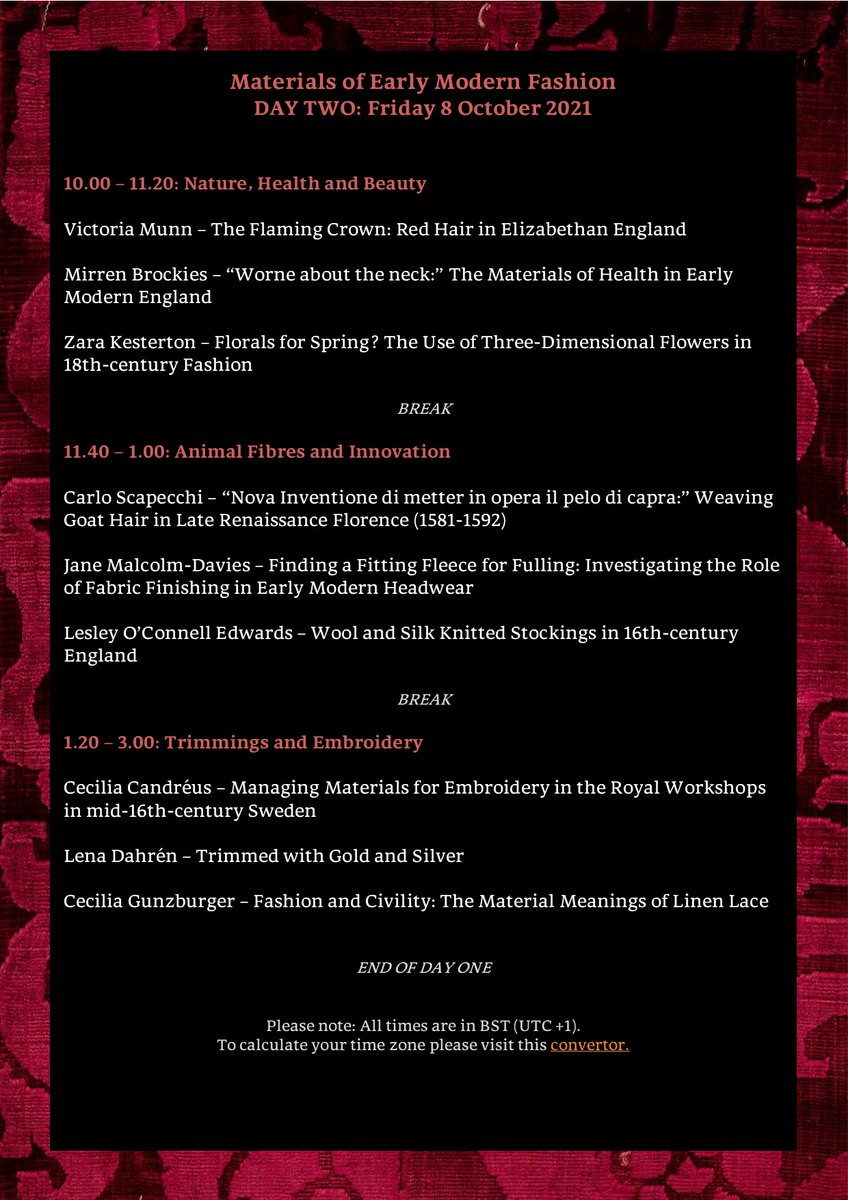 Sarah Bendall (@sarahabendall) on Twitter photo The Materials of Early Modern Fashion conference programme is now online! This online event is organised by <a href="/BexUnsworth/">Rebecca Unsworth</a> & myself, hosted by <a href="/SartorialSeries/">Sartorial Society Series</a>. 7-8 October 2021, covering American, European & Pacific time zones.
To register to attend go to: …alsofearlymodernfashion.wordpress.com/register/ The Materials of Early Modern Fashion conference programme is now online! This online event is organised by <a href="/BexUnsworth/">Rebecca Unsworth</a> & myself, hosted by <a href="/SartorialSeries/">Sartorial Society Series</a>. 7-8 October 2021, covering American, European & Pacific time zones.
To register to attend go to: …alsofearlymodernfashion.wordpress.com/register/