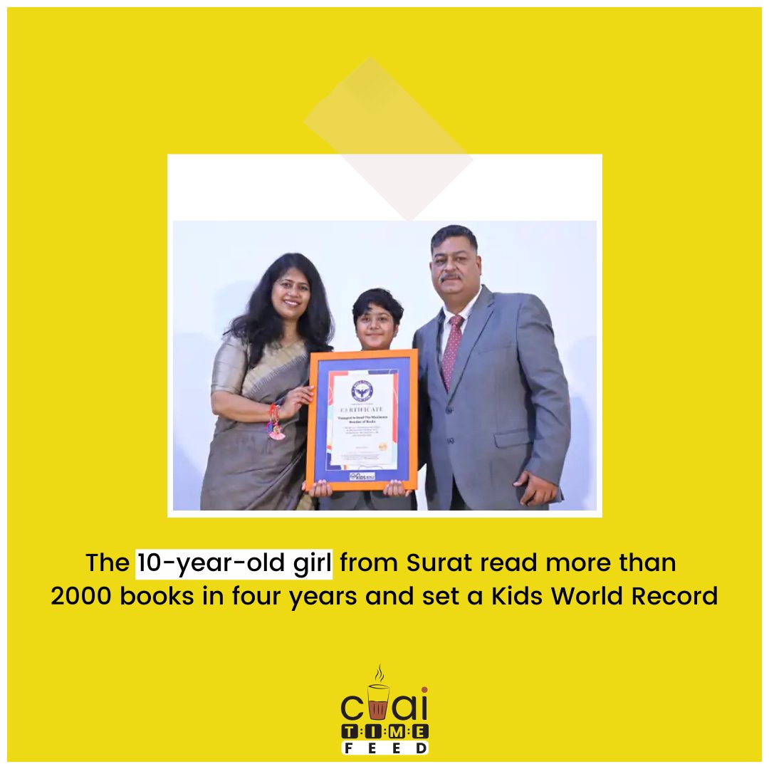 Charvy a 10-year-old girl from Surat, has won the World Record Holder Certificate under the title for reading the most books at the youngest age.

#worldrecord #worldrecordholder #certificate #books #readingbooks #recordbreaking #worldtalent #honored   #suratcity #chaitimefeed