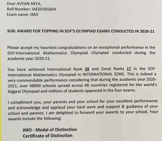 rug99's tweet image. @GEMS_ME @DubaiCollege @DCol_Maths International rank 28th and Zonal rank 17th, considering the fact that 48000 schools registered across 48 countries for these Olympiad exams, is amazing!! So proud of you young man. Keep working hard n bash on👍 @SOFOlympiad