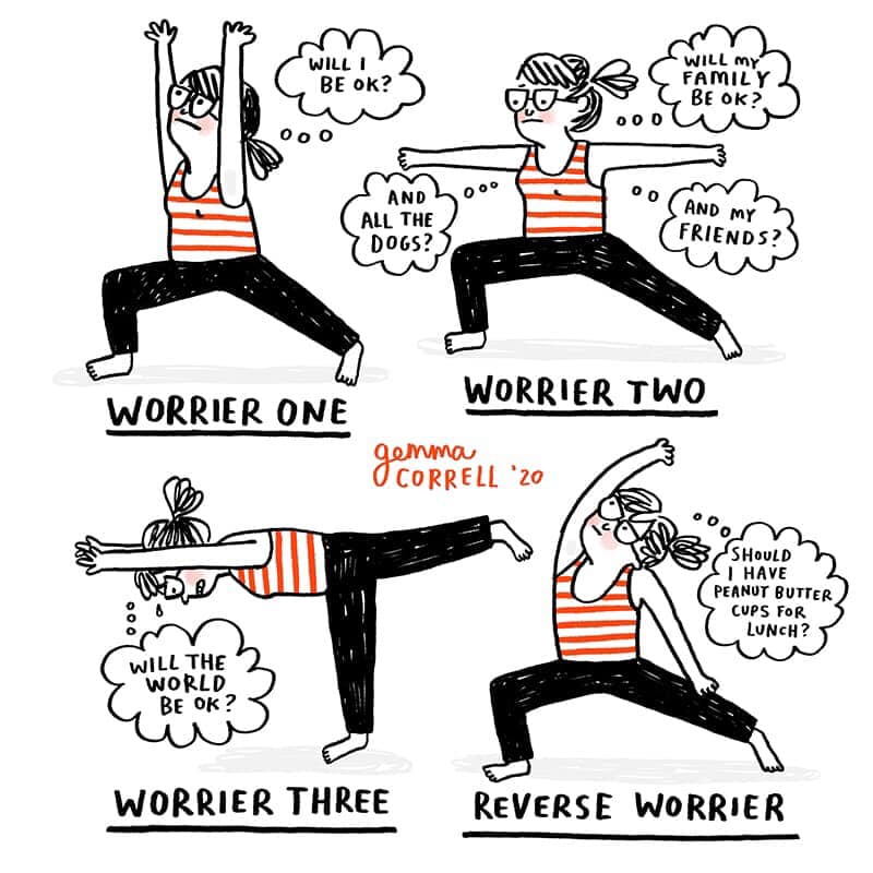 Which pose speaks to you? Really relating to Worrier Three right about now. 😂🤣😳  Credit: <a href="/gemmacorrell/">Gemma Correll</a>