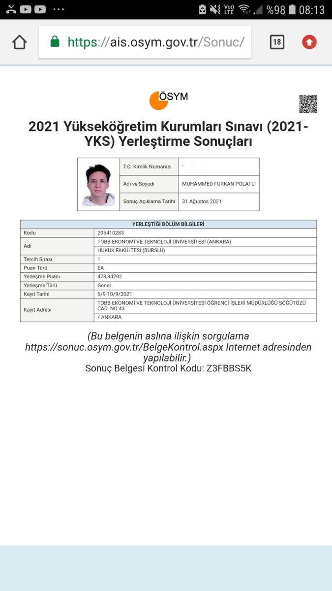 Hukuk Fakültesi' ni kazanan oğlum Furkan' ı ve diğer tüm öğrencilerimizi tebrik ediyorum. Hayırlı olsun.