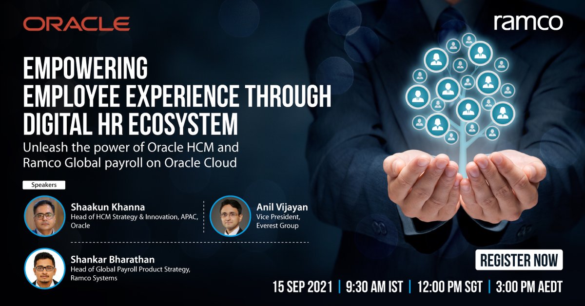 RamcoSystems's tweet image. We are delighted to be hosting a #webinar with @Oracle on enabling seamless #employeeexperience, in the current remote working #culture. Tune in to hear experts Shaakun Khanna, Anil Vijayan &amp;amp; Shankar Bharathan discuss the emerging trends in #HR &amp;amp; #Payroll: hubs.ly/H0WgCC60