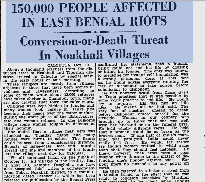 Nitin_Rivaldo's tweet photo. Calcutta killings began on August 16. 18th day of Ramzan. 
 
Noahkhali on Sep 10. Day of Laxmi Pooja. 5000 Killed. 3 lakh houses burnt. 

Gandhi Nehru kept radio silence.  

Patel warned of retailiation to this one sided massacre of Hindus. https://t.co/TisNSCZdNN