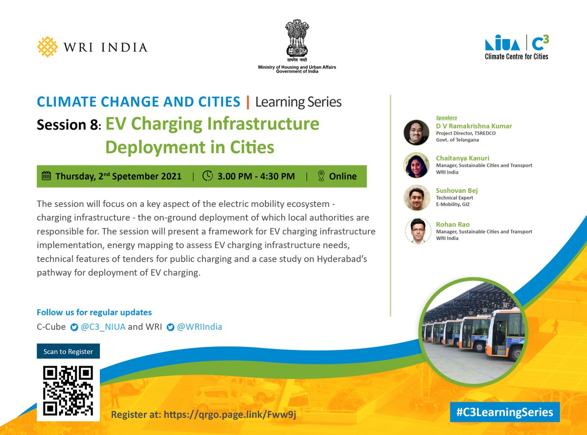 WRIIndia's tweet photo. Join #C3_NIUA & #WRIIndia for the 8th Session of #C3LearningSeries on EV Charging Infrastructure Deployment in Cities.
🗓️ 2 September
⏱️3:00 PM - 4:30 PM
Register here: https://t.co/hJHugBEfpX
To know more about the series: https://t.co/i6BCxj0WC4 https://t.co/JgwvqwFvIC