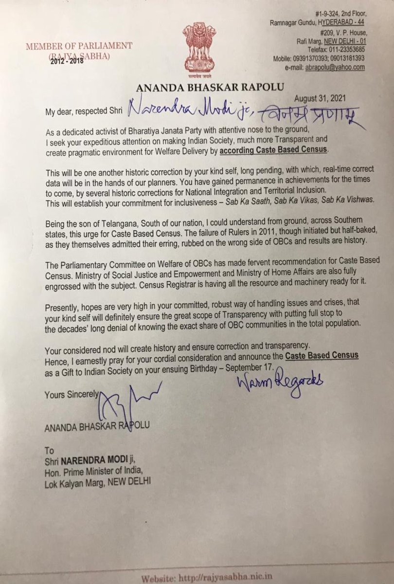 timesofindia's tweet photo. Telangana: BJP MP Ananda Bhaskar Rapolu writes to PM Narendra Modi, seeing his "expeditious attention" for the conduct of caste-based census https://t.co/jEtjHIzte5