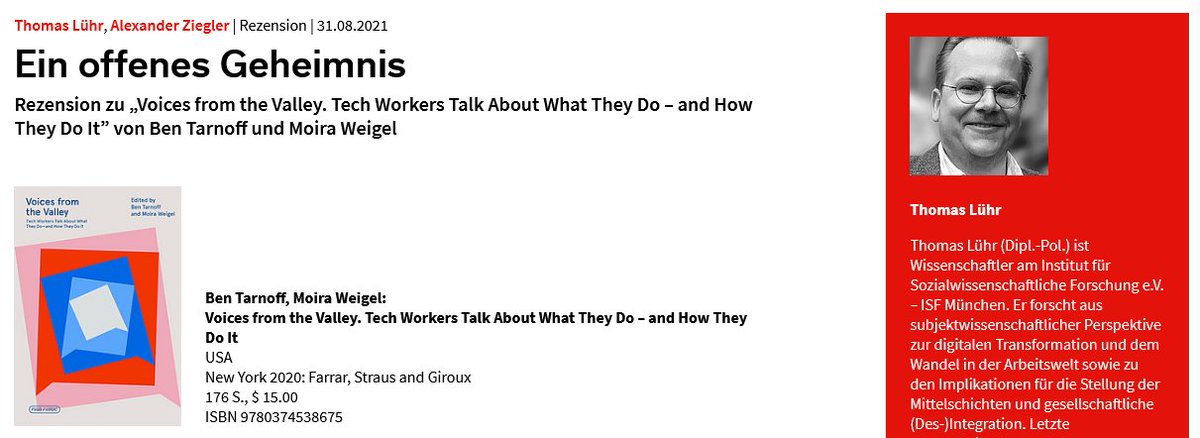 Soziopolis's tweet photo. "Ein Novum in der Forschung zum digitalen Kapitalismus." β @thluehr und Alexander Ziegler rezensieren den Interviewband "Voices from the Valley. Tech Workers Talk About What They Do β and How They Do It" von @bentarnoff und @moiragweigel:
https://t.co/l6fmThTJTs https://t.co/dydS1S201M