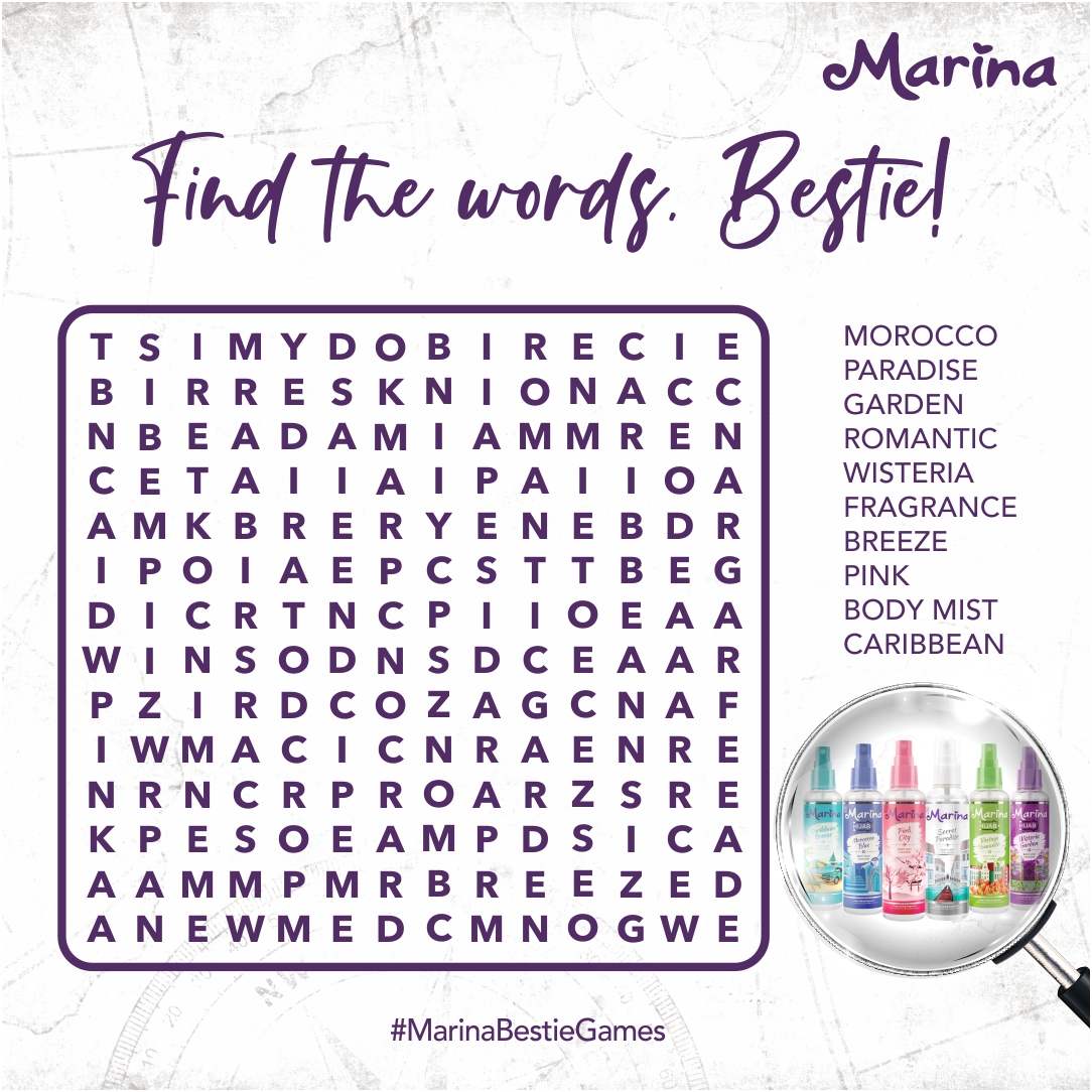 marinabestieph's tweet photo. Find the words, Bestie. Post your replies in the comments, include the hashtag #MarinaBestieGames, and get a chance to win a Marina Giftpack. https://t.co/EiGmc37oMf