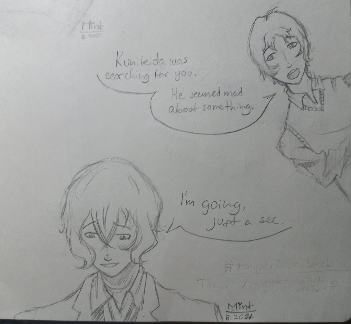 chazukebowl's tweet photo. this was gonna be sadder, but I thought this idea was better. Interpret it however you want, but I see it as an AU where Oda is still alive, so he and Dazai joined the ADA together 

Day 7: "You make everything so much better"

#PamperDazaiWeek 
@PamperDazaiWeek https://t.co/awbVAOIETP
