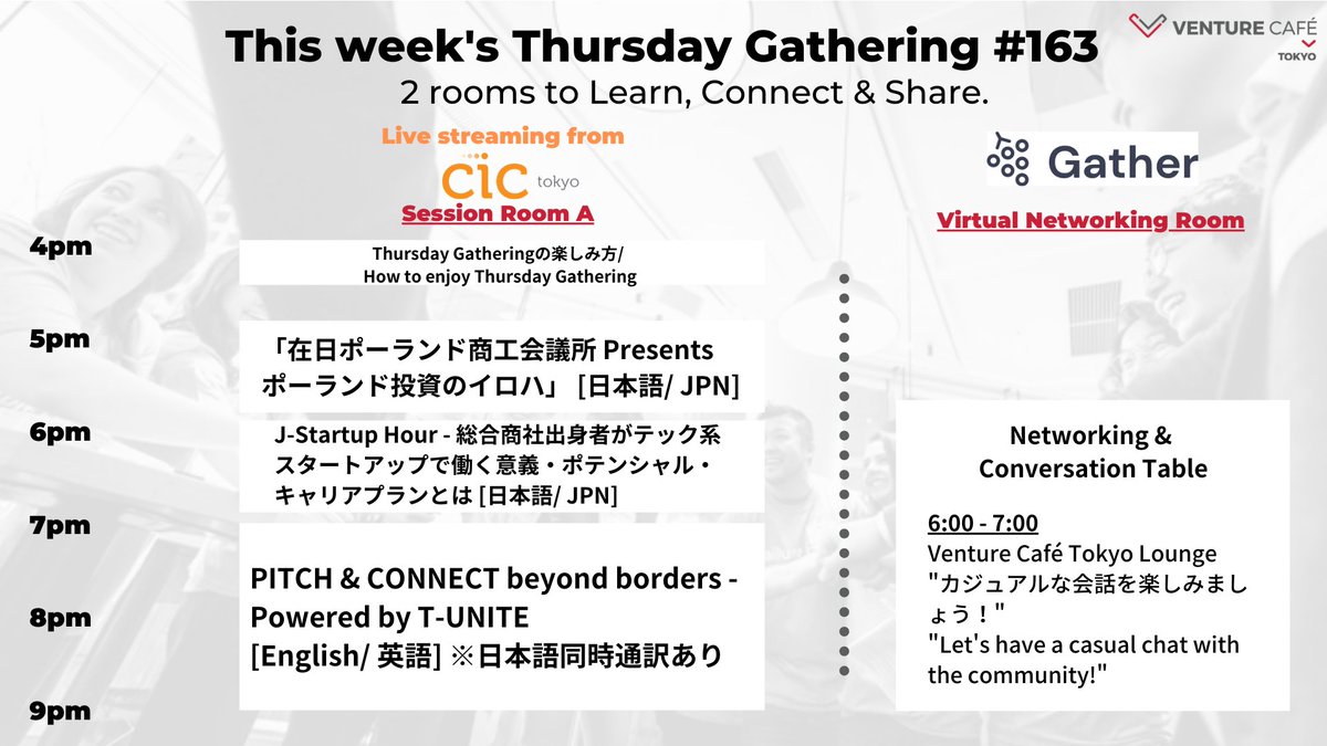 VenCafeTokyo's tweet photo. 9.2 - #ThursdayGathering
7-9pm [ENG/英語]

PITCH &amp; CONNECT beyond borders - Powered by T-UNITE

<Startups>
 @bit_Biome | Japan (Waseda Uni)
Serenno Medical | Israel
Surginsight | Israel
 @EAGLYS_1 | Japan (Waseda Uni)
Cellid | Japan (Waseda Uni)

Join Us: https://t.co/AvW8E06ud1 https://t.co/GCMpkC8xSZ