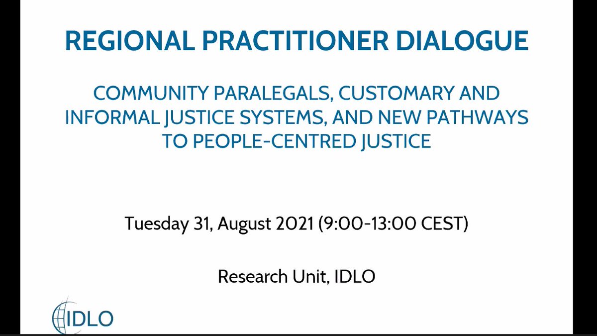 mijawara's tweet photo. Starting now: @IDLO regional practitioner dialogue on #paralegals and #customaryjustice, with a fantastic line-up of speakers - watch this space for our forthcoming working paper! #justiceforall #sdg16 https://t.co/XpxlYwAQnF