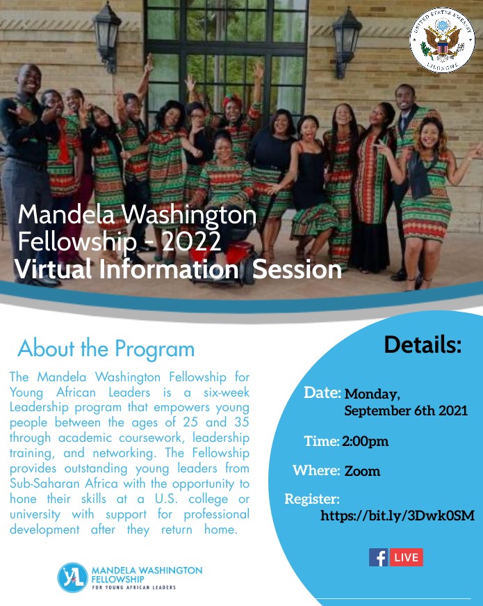 Are you applying for #MWF2022? Join us for a Free information session where Embassy staff and 2021 #MandelaFellows will provide information about the program and share tips for successful application. To attend, register at:  bit.ly/3Dwk0SM
