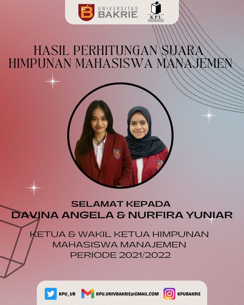 [ANNOUNCEMENT]
Kami ucapkan selamat untuk pasangan No Urut 1 “Davina Angela dan Nurfira Yuniar” yang telah terpilih menjadi Ketua dan Wakil Ketua Himpunan Mahasiswa Manajemen Periode 2021/2022. Semoga amanah dan dapat menjalankan tugasnya dengan baik.