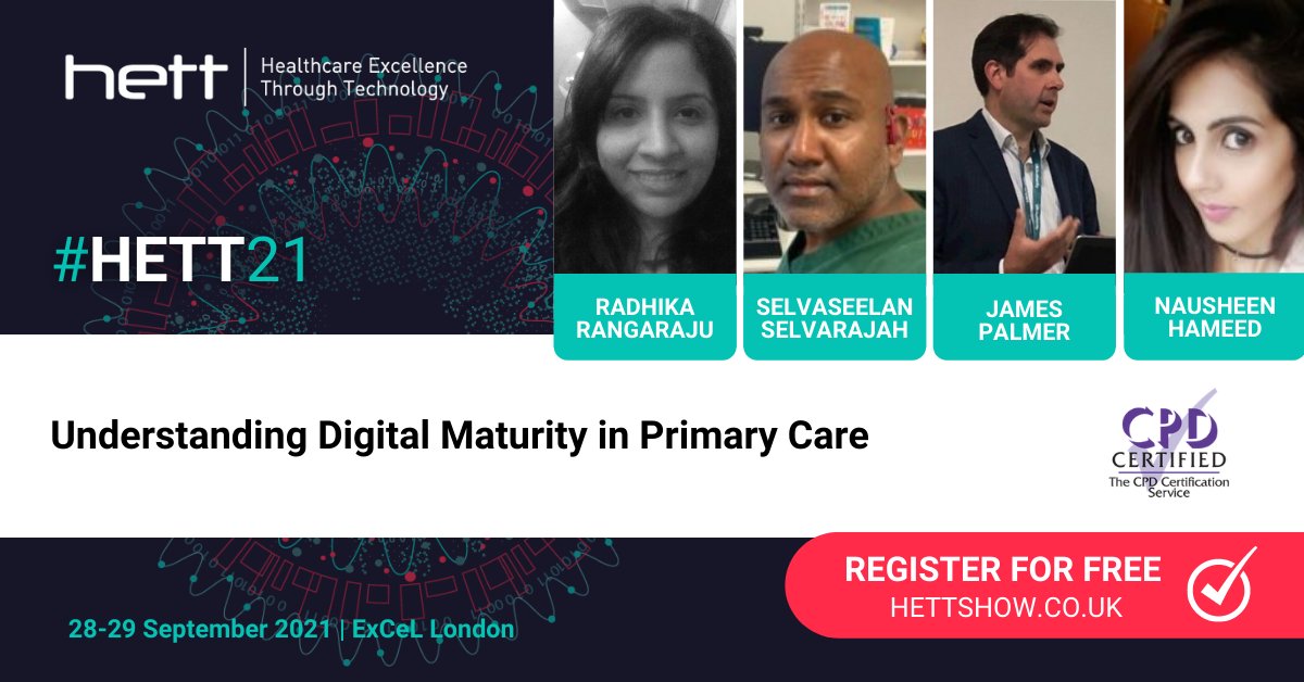 HETTShow's tweet image. CPD accredited #HETT21 session | 28 Sept’ 03:40 PM @ExCeLLondon

‘Understanding Digital Maturity in Primary Care’ with @radmad11 of @NHSX, @DrSelvarajah of Bromley by Bow, Nausheen Hameed of UCL Partners @UCLPartners &amp;amp; James Palmer of @NHSDigital hubs.la/H0W24ZQ0