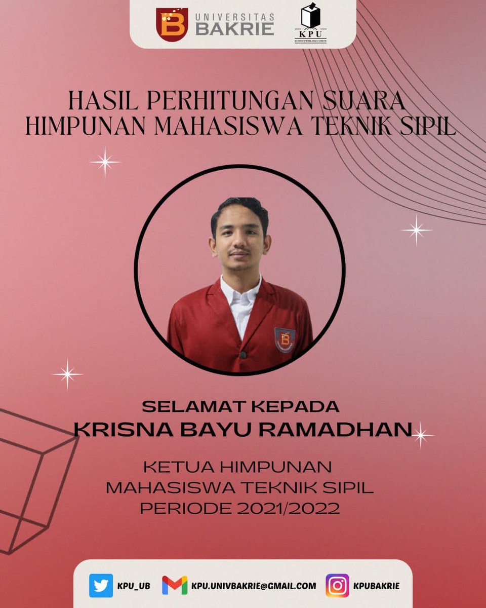 [ANNOUNCEMENT]
Kami ucapkan selamat untuk kandidat No Urut 1 “Krisna Bayu Ramadhan” yang telah terpilih menjadi Ketua Himpunan Mahasiswa Teknik Sipil Periode 2021/2022. Semoga amanah dan dapat menjalankan tugasnya dengan baik.