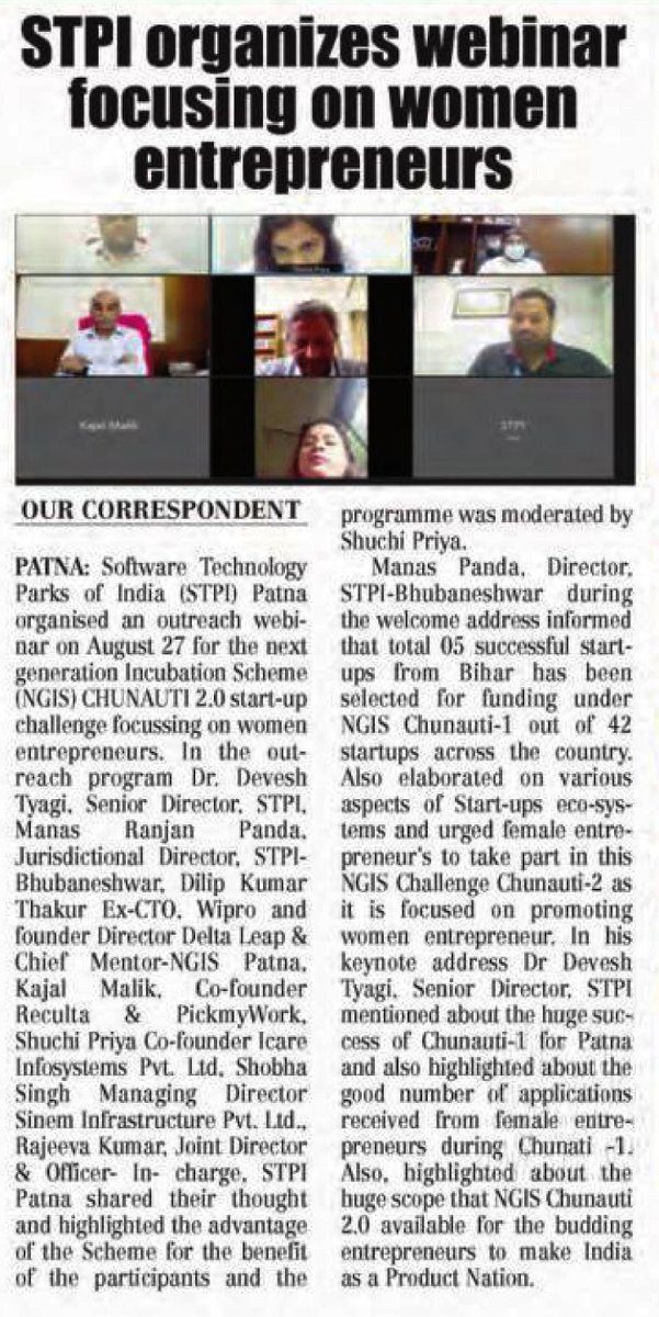 Media coverage for #STPIINDIA Outreach webinar on #CHUNAUTI2.0 under #NGIS enabling women entrepreneurs to co-author the innovation growth story of India organized by @STPI_PATNA on 27th August, 2021. @Omkar_Raii @DeveshTyagii @manas_r_panda @stpinext #STPIINDIA