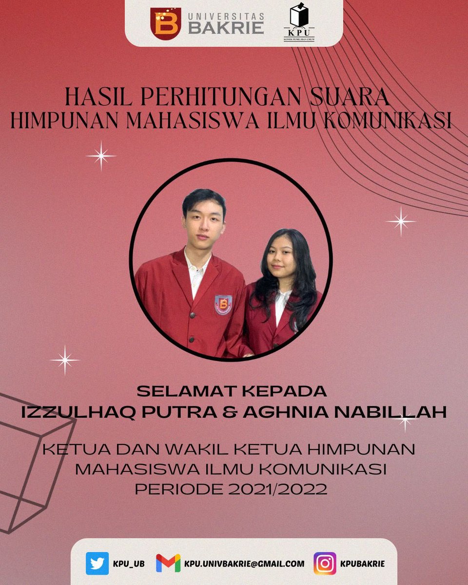 [ANNOUNCEMENT]
Kami ucapkan selamat untuk pasangan No Urut 2 “Izzulhaq Putra dan Aghnia Nabillah” yang telah terpilih menjadi Ketua dan Wakil Ketua Himpunan Mahasiswa Ilmu Komunikasi Periode 2021/2022. Semoga amanah dan dapat menjalankan tugasnya dengan baik.