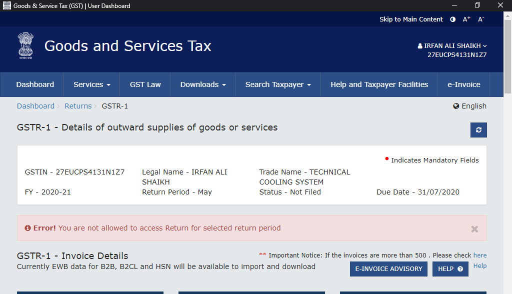 office_siddiqui's tweet photo. Error : You are not allowed to access return to selected period . @Infosys_GSTN @nsitharaman @FinMinIndia 

please solve this issue urgently.
@cashahidg 
#gsterror https://t.co/n6BawVGvaK