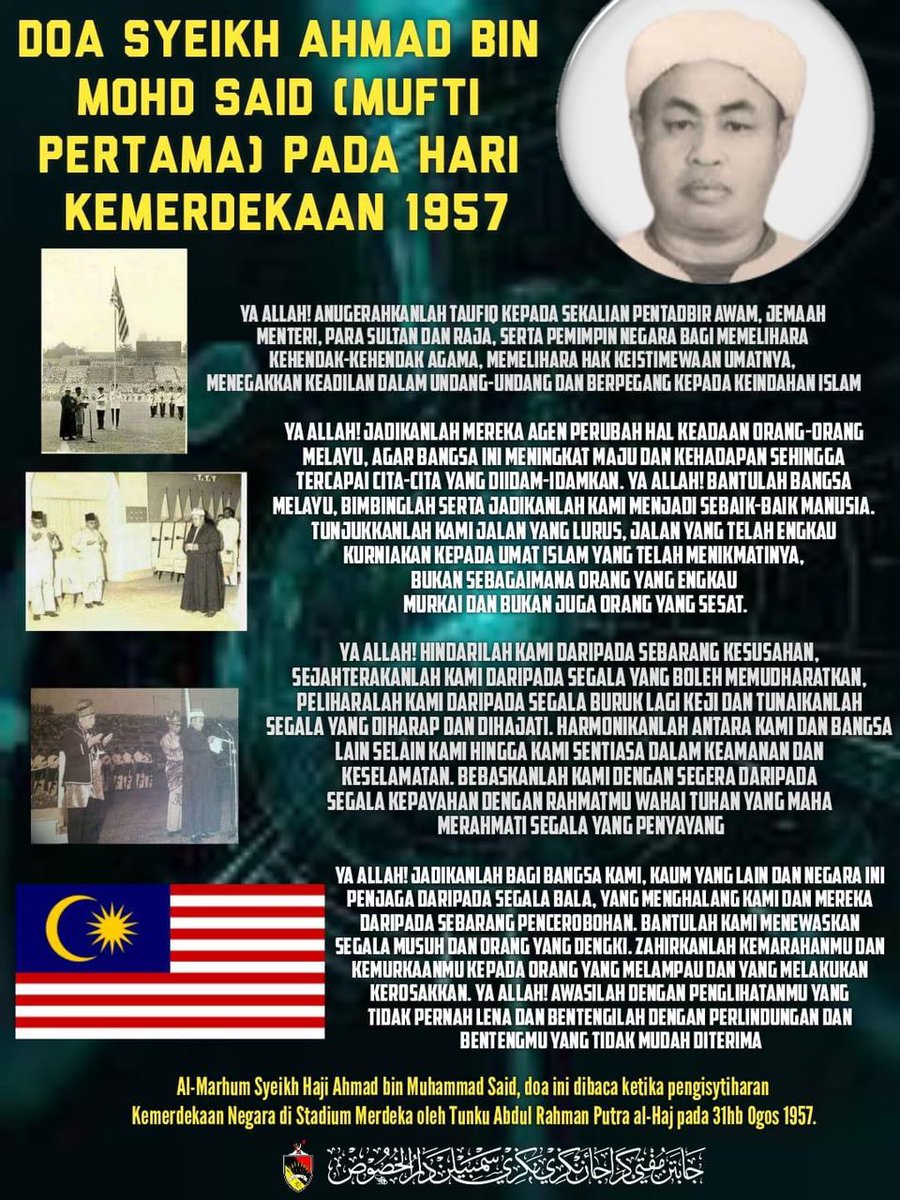 DrZahidHamidi's tweet photo. Doa Hari Merdeka Tahun 1957
#merdeka1957
#mufti
#doa
#Malaysia https://t.co/DkTdobAt5D