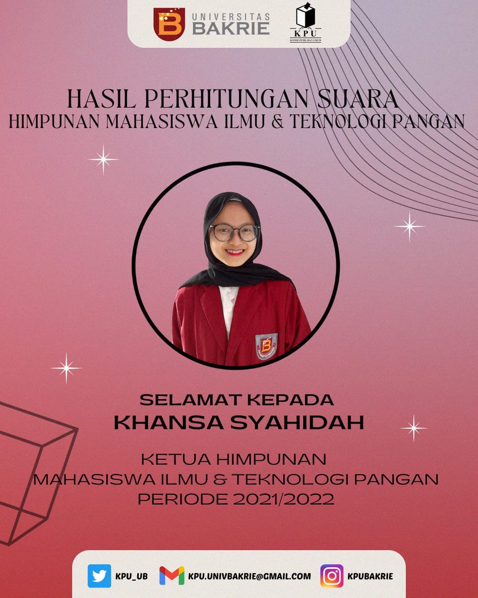 [ANNOUNCEMENT]
Kami ucapkan selamat untuk kandidat No Urut 2 “Khansa Syahidah” yang telah terpilih menjadi Ketua Himpunan Mahasiswa Ilmu dan Teknologi Pangan Periode 2021/2022. Semoga amanah dan dapat menjalankan tugasnya dengan baik.