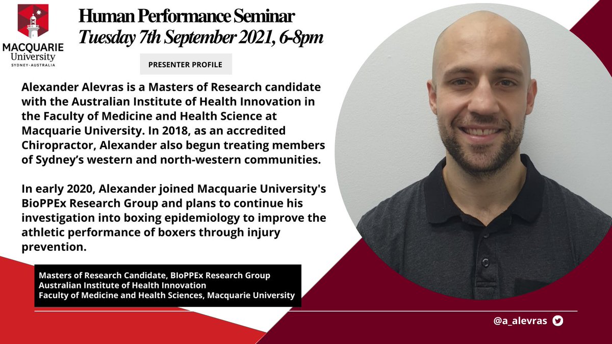 Introducing <a href="/a_alevras/">Alexander J. Alevras</a> who will be presenting on the "Epidemiology of injuries in boxes" at the #BioPPEx #HumanPerformance Seminar on 7th September. Register: bit.ly/3gtTgIW #AcademicTwitter #AcademicChatter #research #boxing #sport #performance #exercise #sportscience