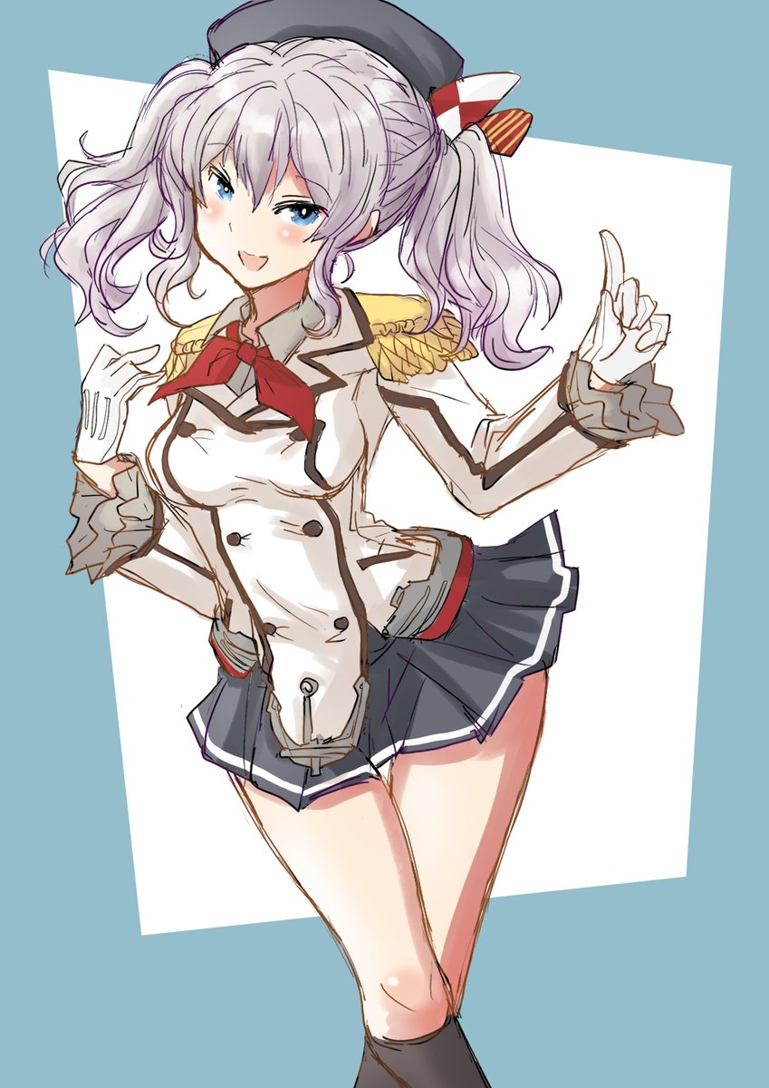 kashima (kancolle) 1girl solo skirt gloves grey hair epaulettes twintails  illustration images