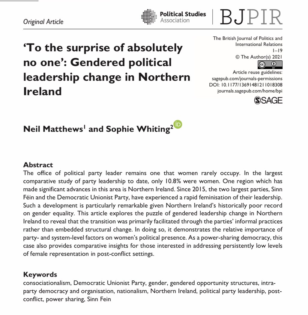 BJPIR (@britjpir) on Twitter photo “Since 2015, the two largest parties, Sinn Féin and the Democratic Unionist Party, have experienced a rapid feminisation of their leadership”
<a href="/NT_Matthews/">Neil Matthews</a> and <a href="/sophieawhiting/">sophie whiting</a> on gendered political leadership change in Northern Ireland 🔓⤵️
journals.sagepub.com/doi/full/10.11… “Since 2015, the two largest parties, Sinn Féin and the Democratic Unionist Party, have experienced a rapid feminisation of their leadership”
<a href="/NT_Matthews/">Neil Matthews</a> and <a href="/sophieawhiting/">sophie whiting</a> on gendered political leadership change in Northern Ireland 🔓⤵️
journals.sagepub.com/doi/full/10.11…