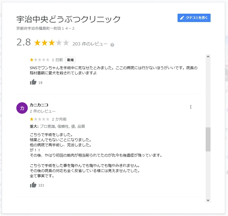 @zerojirou 「宇治中央どうぶつクリニック」さんですね。 googleマップの口コミの読みごたえもあります。 笑いごとではないかもしれません。 