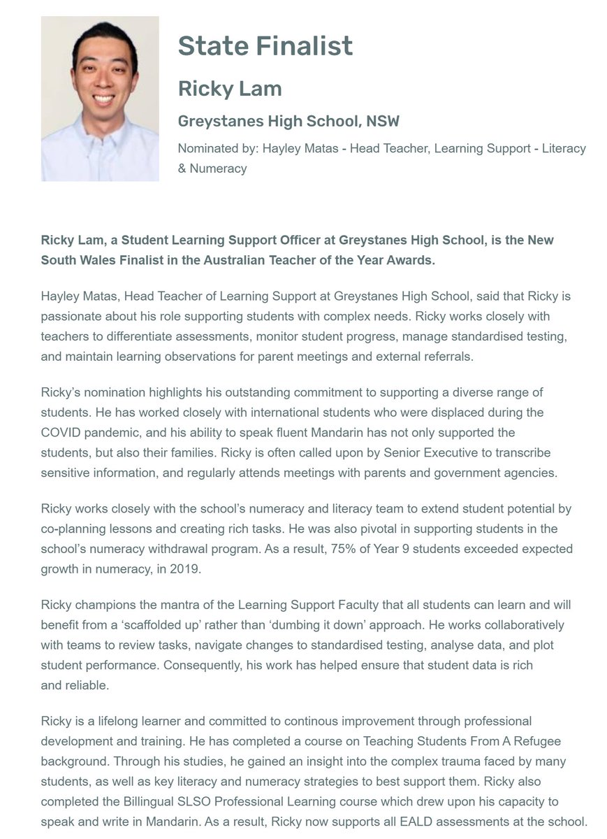 Congratulations Ricky Lam, Student Learning Support Officer at <a href="/GreystanesHigh/">Greystanes High</a>, for being named as a Finalist in the 2021 Australian Teacher Aide of the Year Awards. Thank you for your outstanding commitment to supporting students with complex needs. australianteacheraide.com.au/2021-australia…