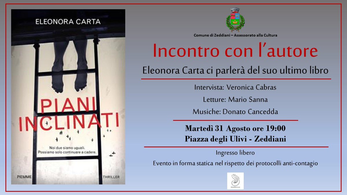 Per la #FieraOFF della Fiera del Libro 2021
#quandosietefelicifatecicaso
raggiungeremo il nostro partner più lontano: 
Zeddiani! 
Con 'Piani Inclinati' di Eleonora Carta.
Ore 19:00 Piazza degli Ulivi, vi aspettiamo!!