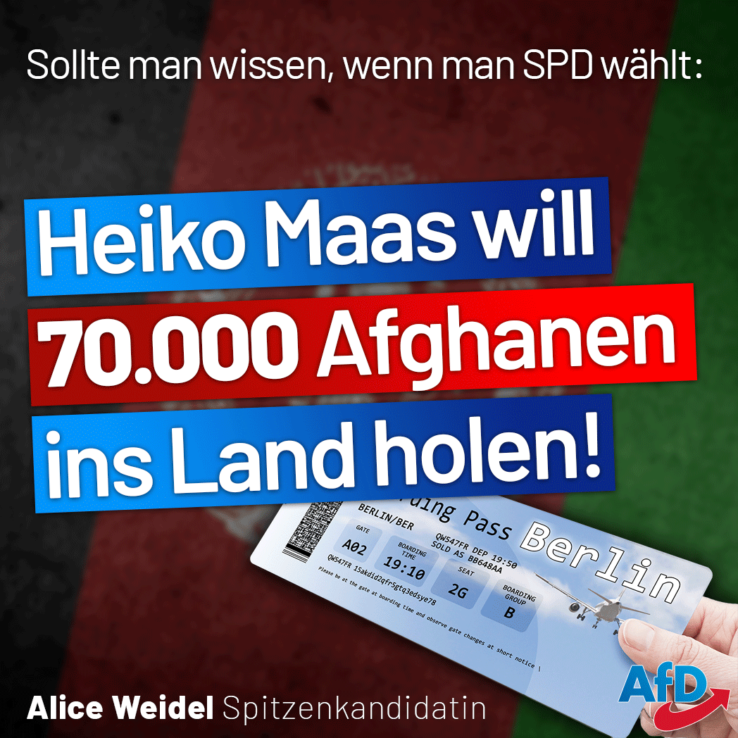 Alice_Weidel's tweet photo. Ob 5 Mio oder 70.000 #Afghanen: Über 2/3 der Deutschen lehnen ihre Aufnahme ab. Das gilt es zu respektieren. Ihre Stimme für die #AfD ist die einzige Möglichkeit, dem Wählerwillen wieder die Bedeutung zu verleihen, die er verdient! #AfD #btw21 #Afghanistan https://t.co/s2gPr8nE6E https://t.co/S8R85cUV1d