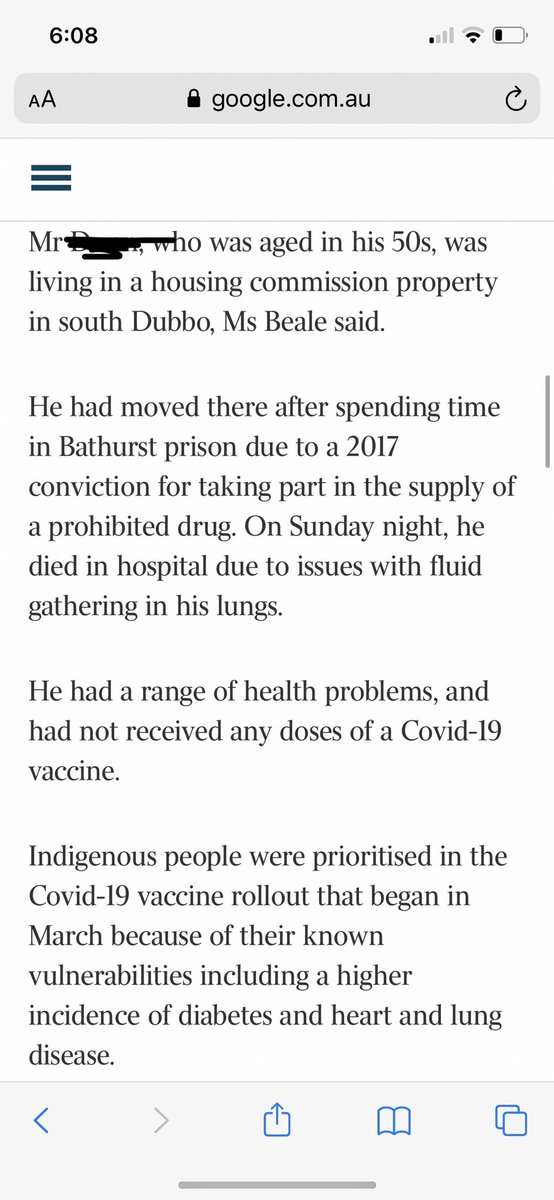 Questions RE: this story on the COVID death in Dubbo.
A. It names the man &amp; shows his image - he was Indigenous - did family give permission? They’re not interviewed. That’s crucial culturally.
B. Why is the fact he went to jail years ago and lived in housing commission relevant?