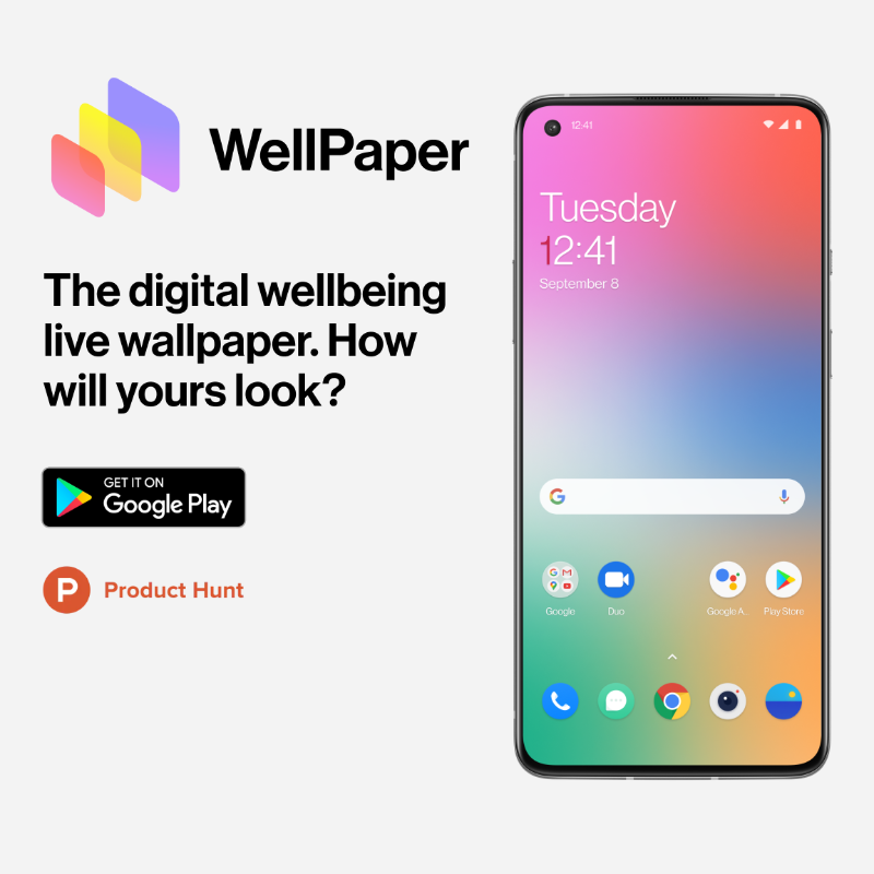 oneplus's tweet photo. Have you tried WellPaper, our digital wellbeing live wallpaper? We're launching today on @ProductHunt. Join the discussion and download the app to create a personalized wallpaper based on how you use your phone.