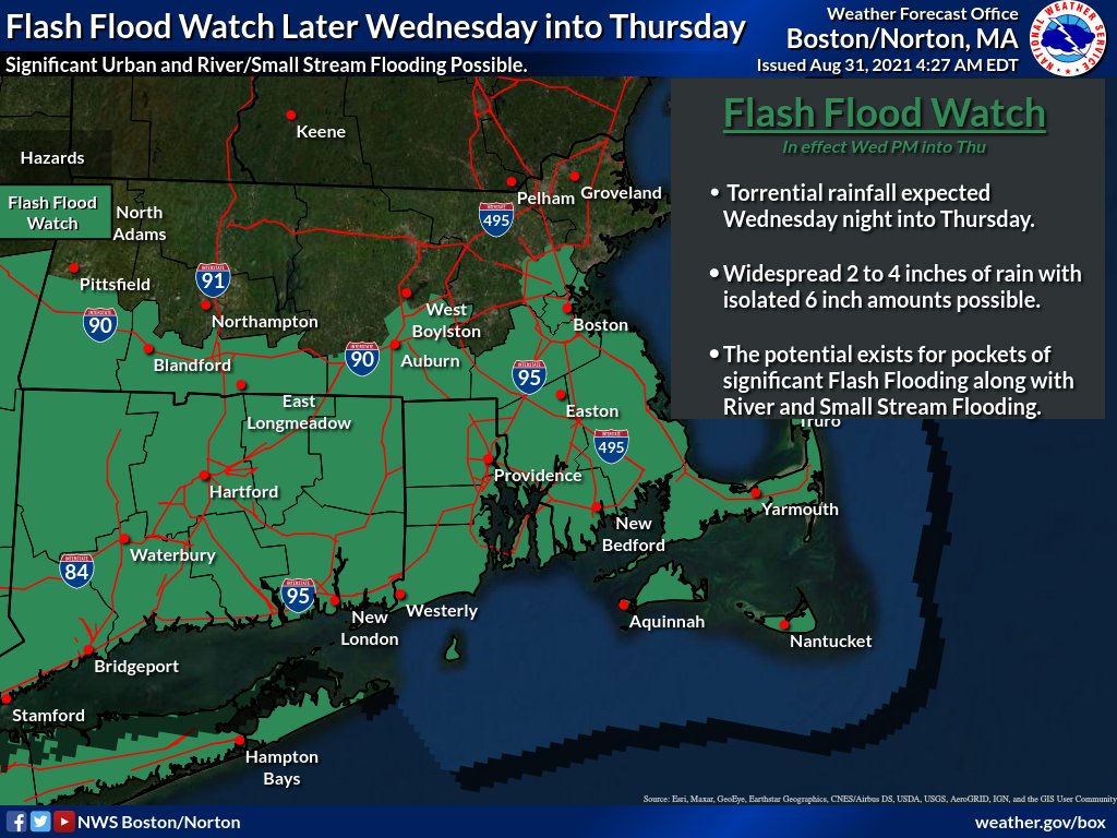 NWSBoston's tweet image. [Significant Flood Potential Wed night into Thu] The remnants of Ida will bring very heavy rainfall to the region Wed night into Thu. While the axis of heaviest rain is uncertain, the potential exists for a narrow swath of very significant flooding.