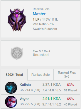 Just got masters on smurf learning kalista/vayne