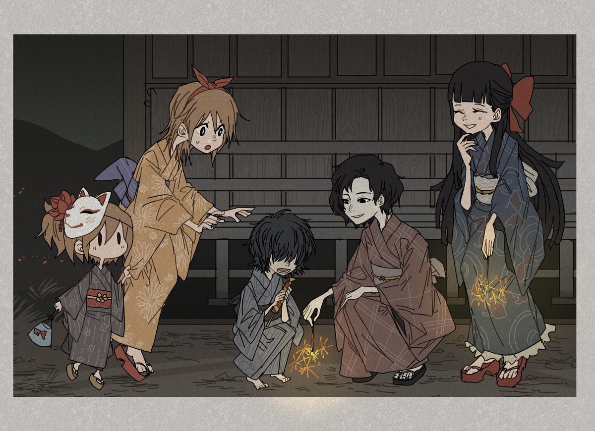 japanese clothes fireworks kimono multiple girls sparkler 4girls mask  illustration images